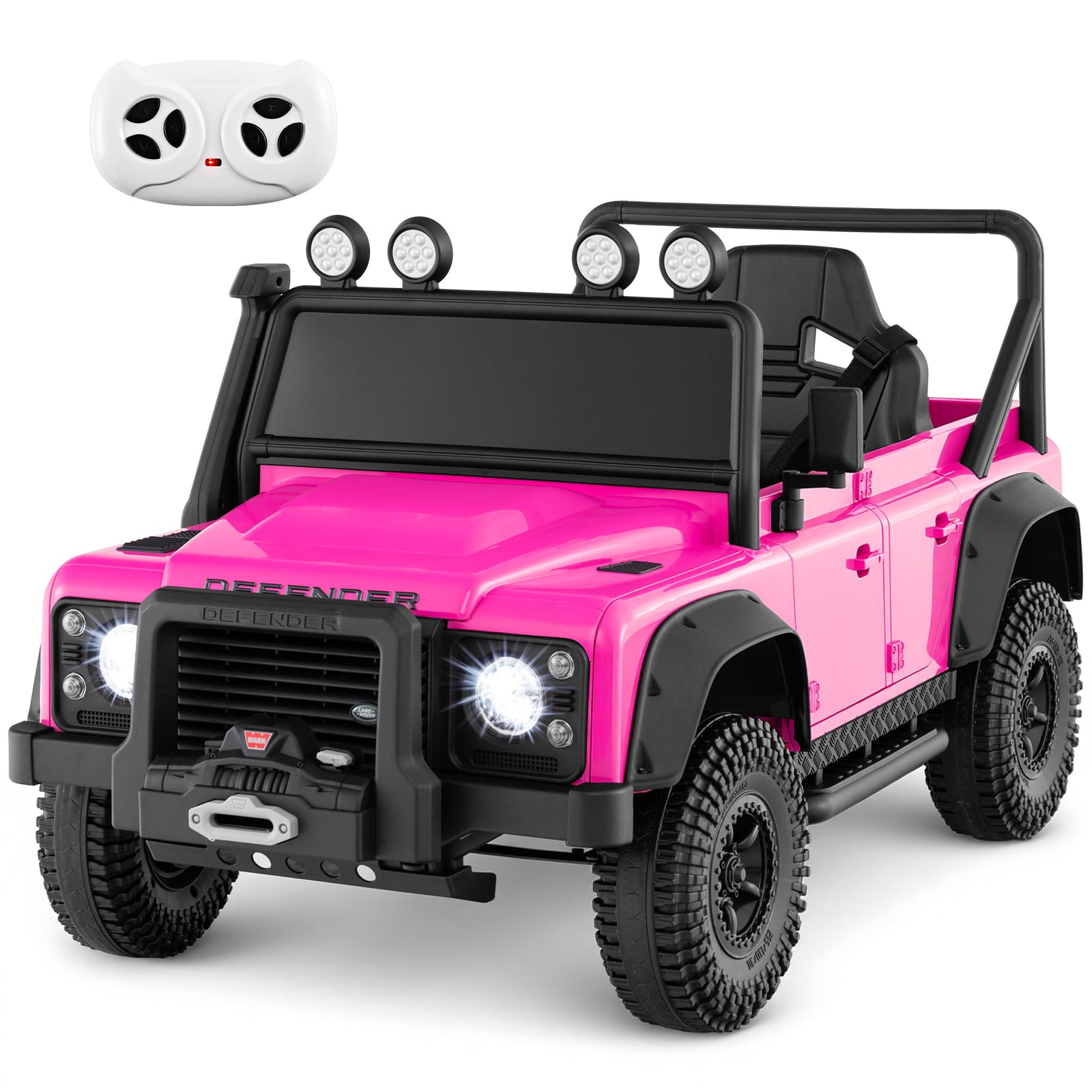 Land Rover Defender sähköauto lapsille, sähköajoneuvo vanhempien kaukosäätimellä, täysjousitus, ajovalot, pinkki