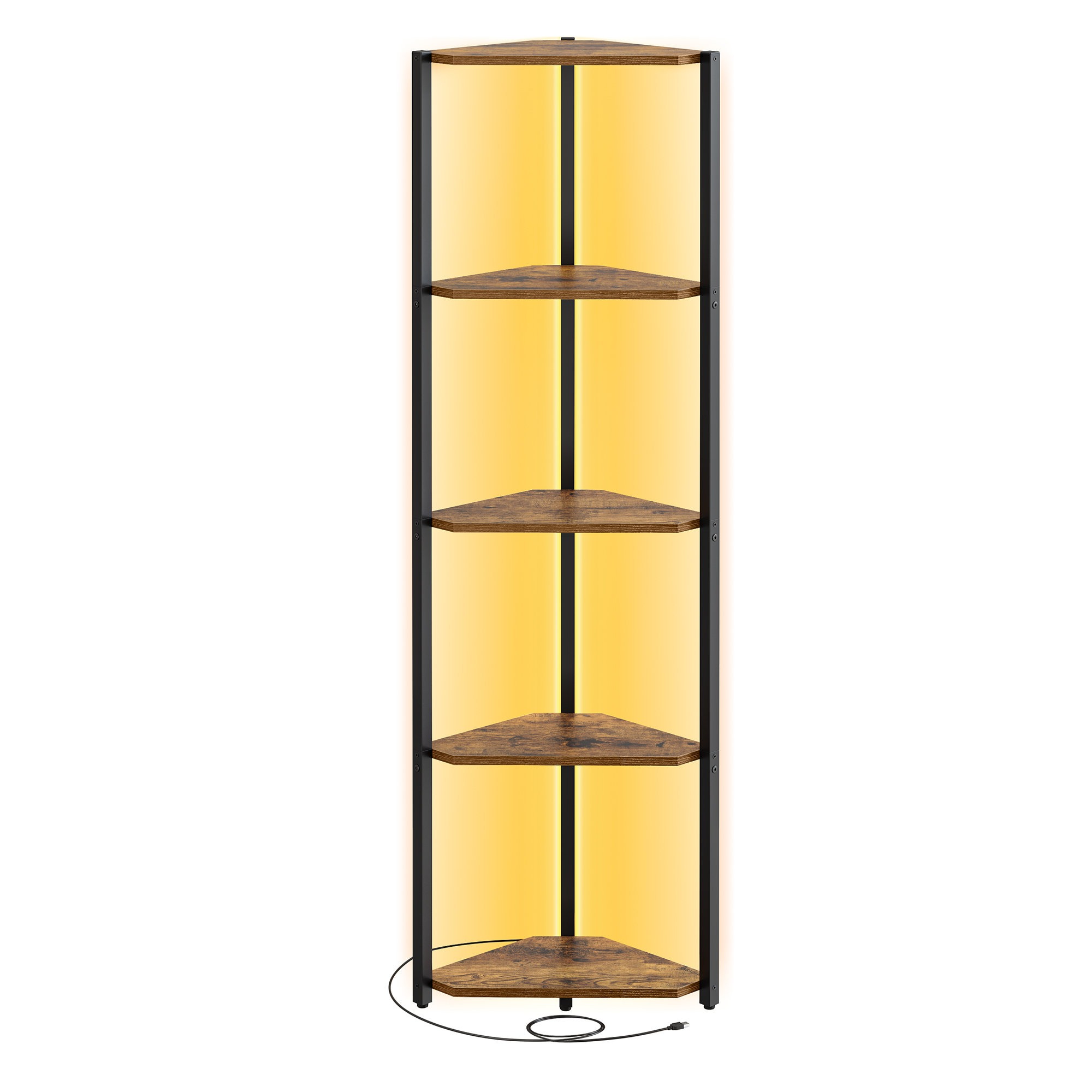 Kulmahylly, 5 tasoa, kirjahylly säädettävällä LED-valolla, ruskea
