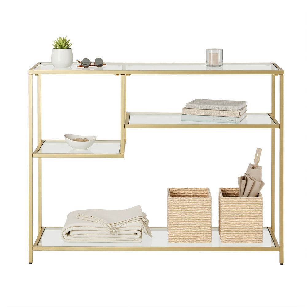 Konsolipöytä, eteisen pöytä, sivupöytä, karkaistu lasi, metallirunko, hyllyillä, 35 x 100 x 80 cm, moderni, eteiseen, olohuoneeseen, kultainen väri
