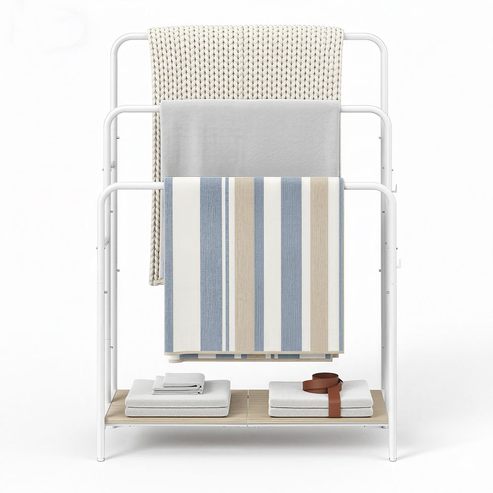 Vapaasti seisova pyyheteline, 3 kahvaa, 70 x 30 x 100 cm, 2 koukkua, hylly, peitolle ja kylpypyyhkeille, pilvenvalkoinen-luonnollinen beige