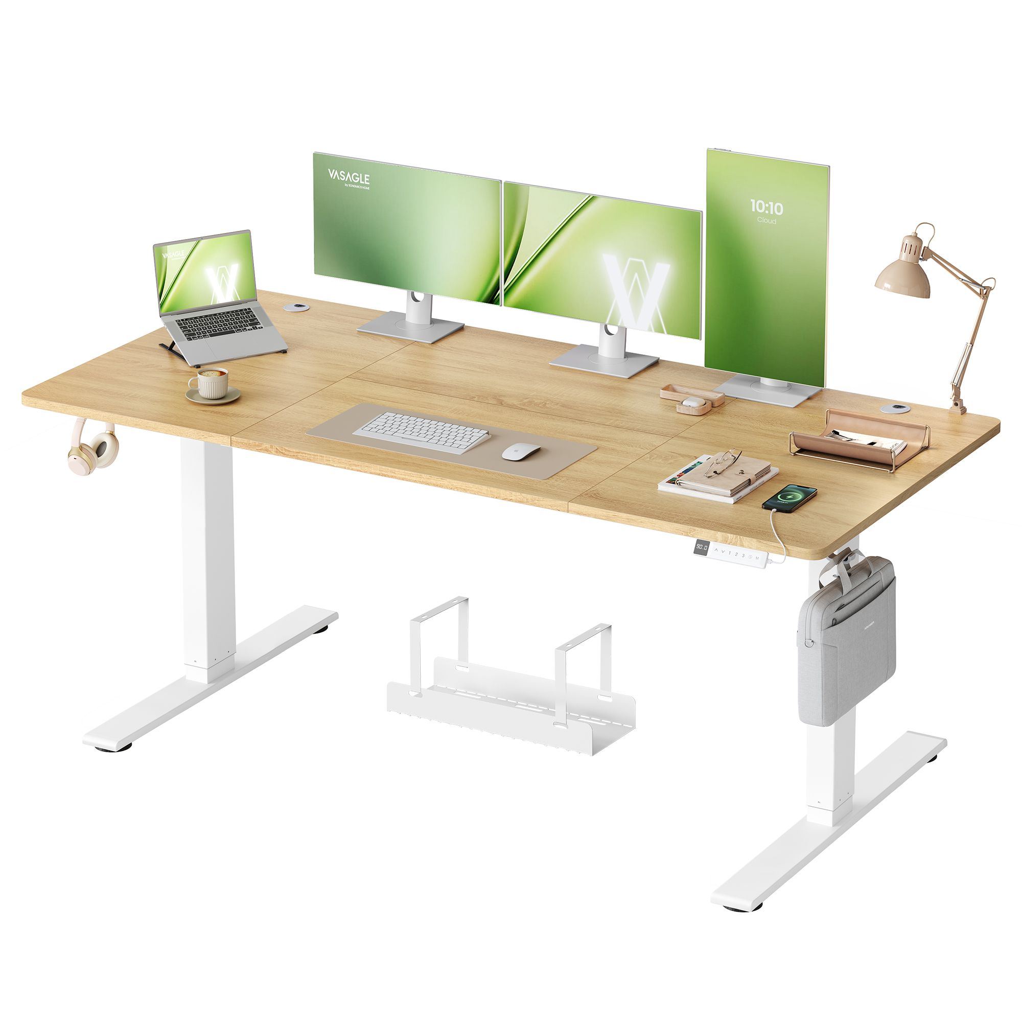 Korkeussäädettävä työpöytä USB-C-liitännällä, 180 x 80 cm, kultatammi ja mattavalkoinen