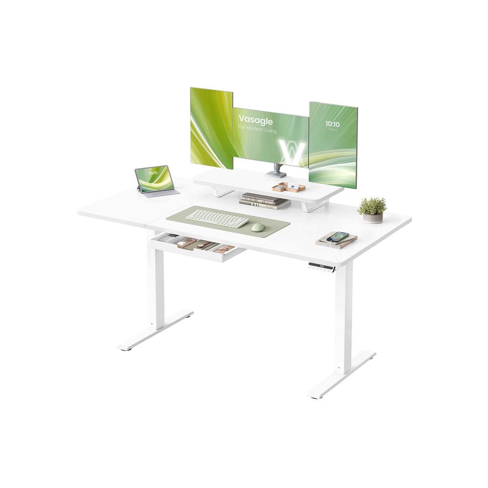 Elektriline kõrguse reguleeritav kirjutuslaud 140 x 70 cm monitorihoidiku USB-C pordi ja sahtliga valge