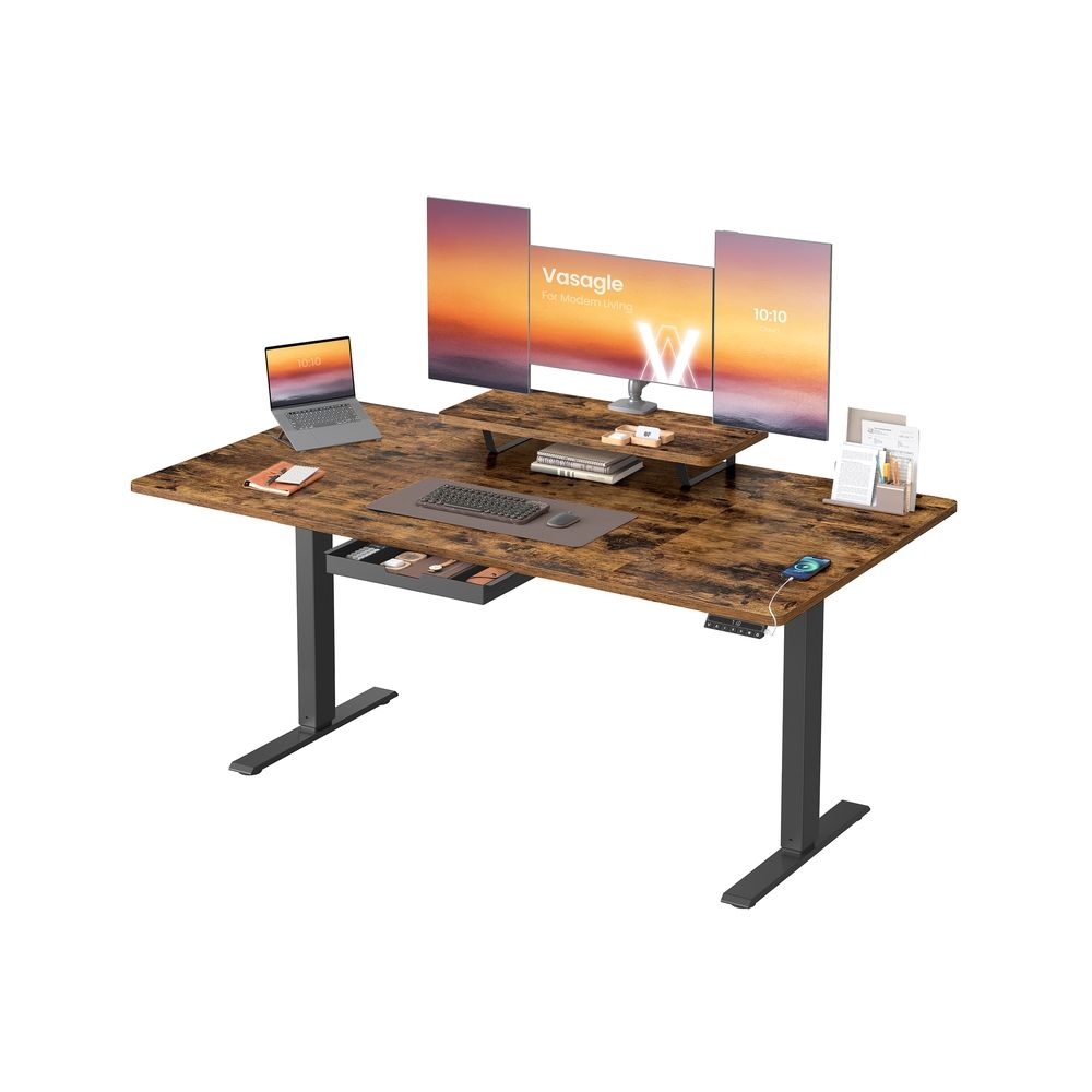 Korkeussäädettävä työpöytä 160 x 80 cm - pöytä näyttöjalustalla, laatikolla ja USB-C-liitännällä, ergonominen toimistopöytä ja muistutus pitkästä istumisesta, vintage-ruskea