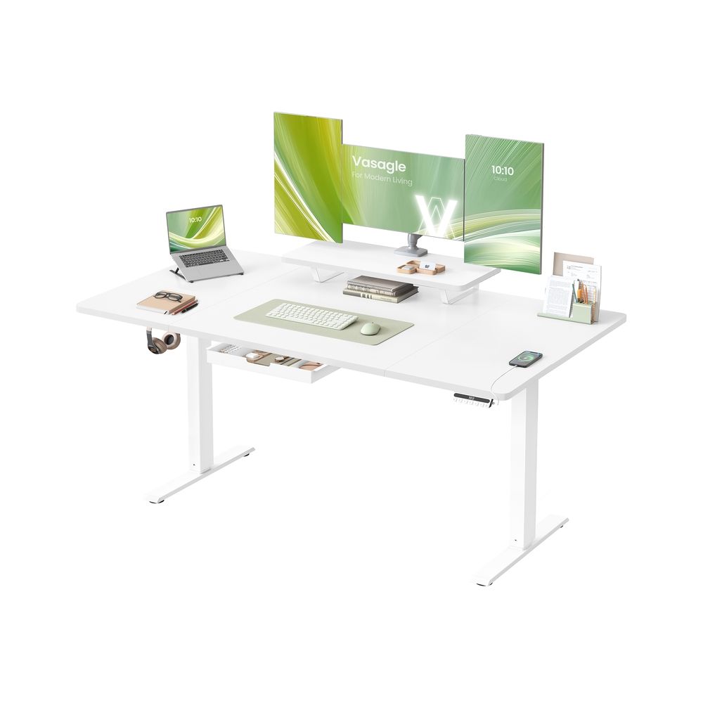 Työpöytä korkeussäädöllä, 160 x 80 cm, joustava näyttöteline, laatikko, USB-C-portti, istumamuistutus, toimistoon, pilvenvalkoinen