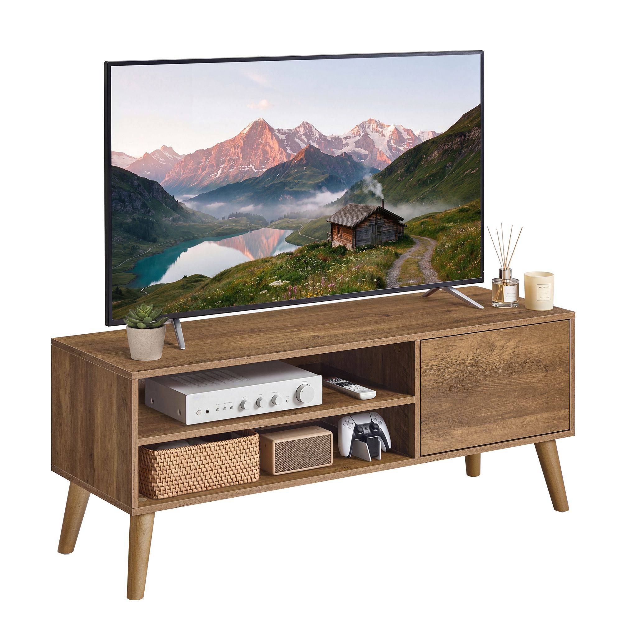 Mid-century-tyylinen matala TV-taso enintään 55 tuuman televisiolle, hunajanruskea