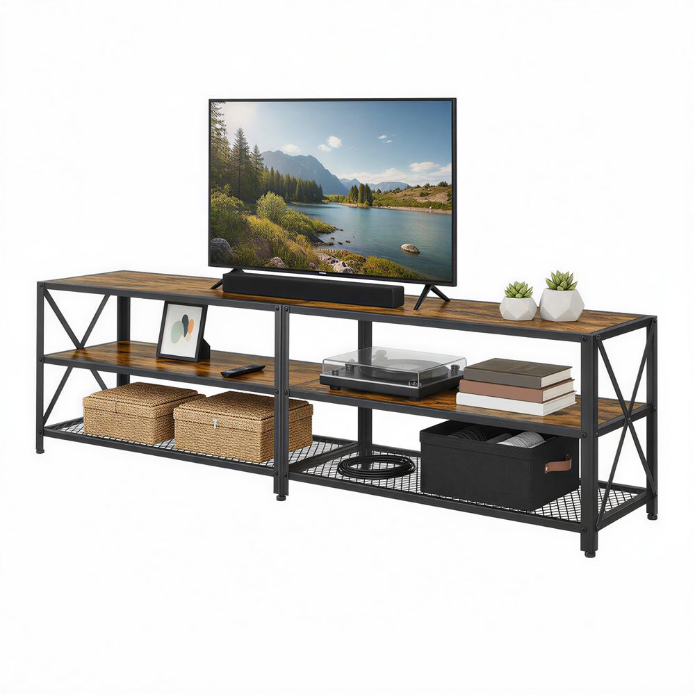 TV-kaappi, TV-taso, matala kaappi televisioille jopa 75 tuumalle, TV-kaappi hyllyillä, teräsrunko, TV-hylly olohuoneeseen, makuuhuone, vintage ruskea-musta
