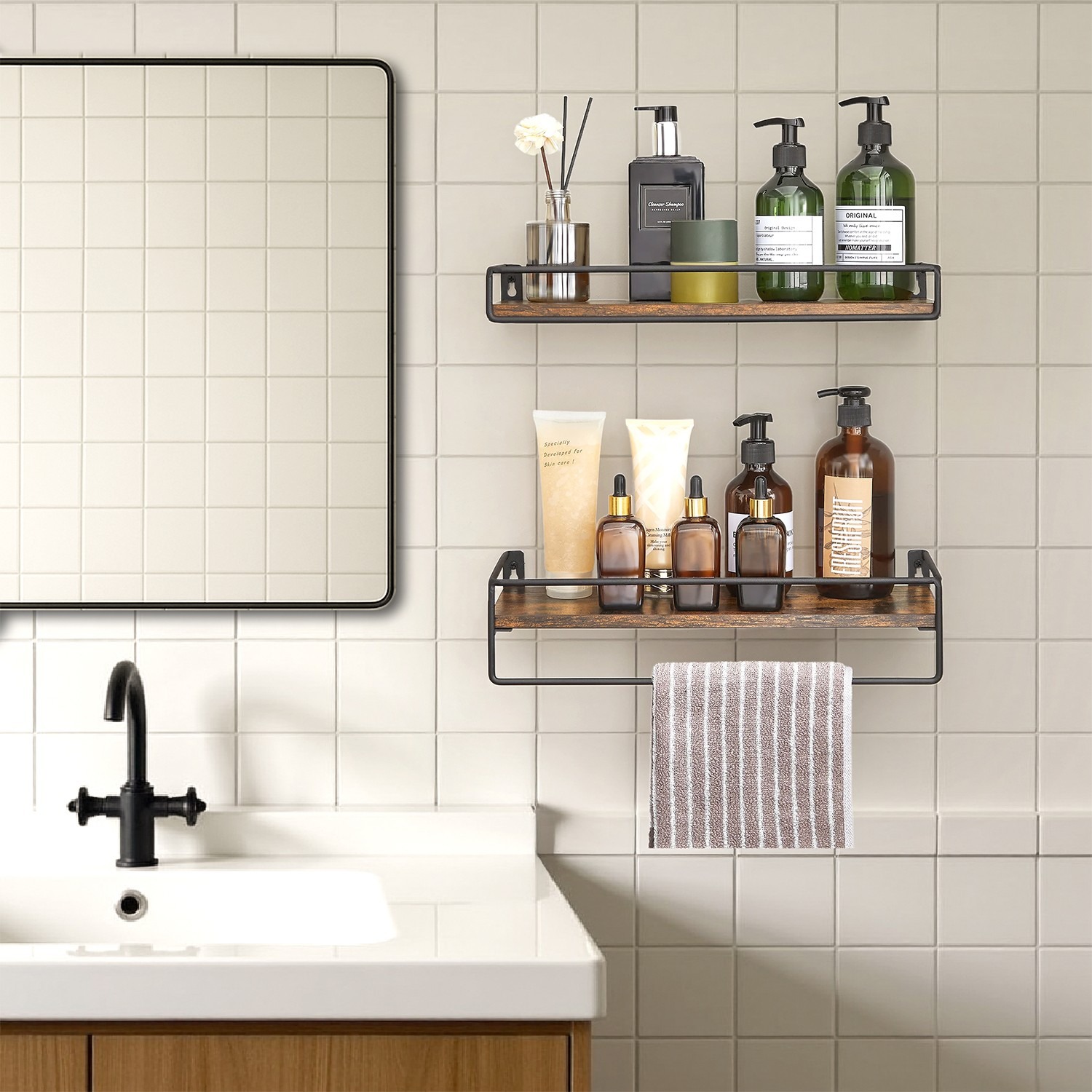 Seinähylly, 2 kpl:n setti, kelluva hylly tangolla, seinälevy, säilytystilaa, seinään kiinnitettävä, keittiöön, makuuhuoneeseen, olohuoneeseen, vintage-ruskeanmusta