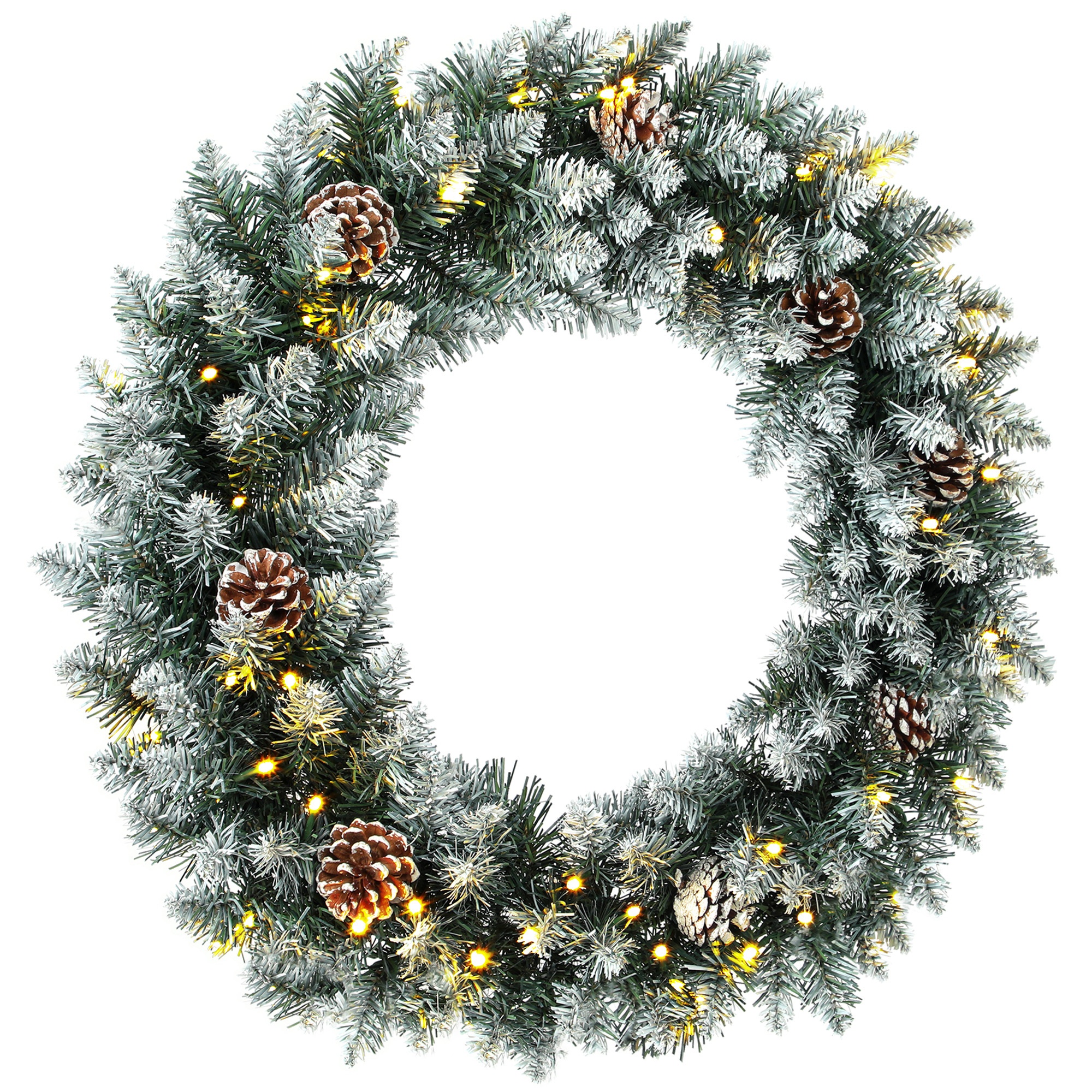 Valaistu joulukranssi oveen kävyillä ja tekolumella, 60 cm, 50 LED-valoa