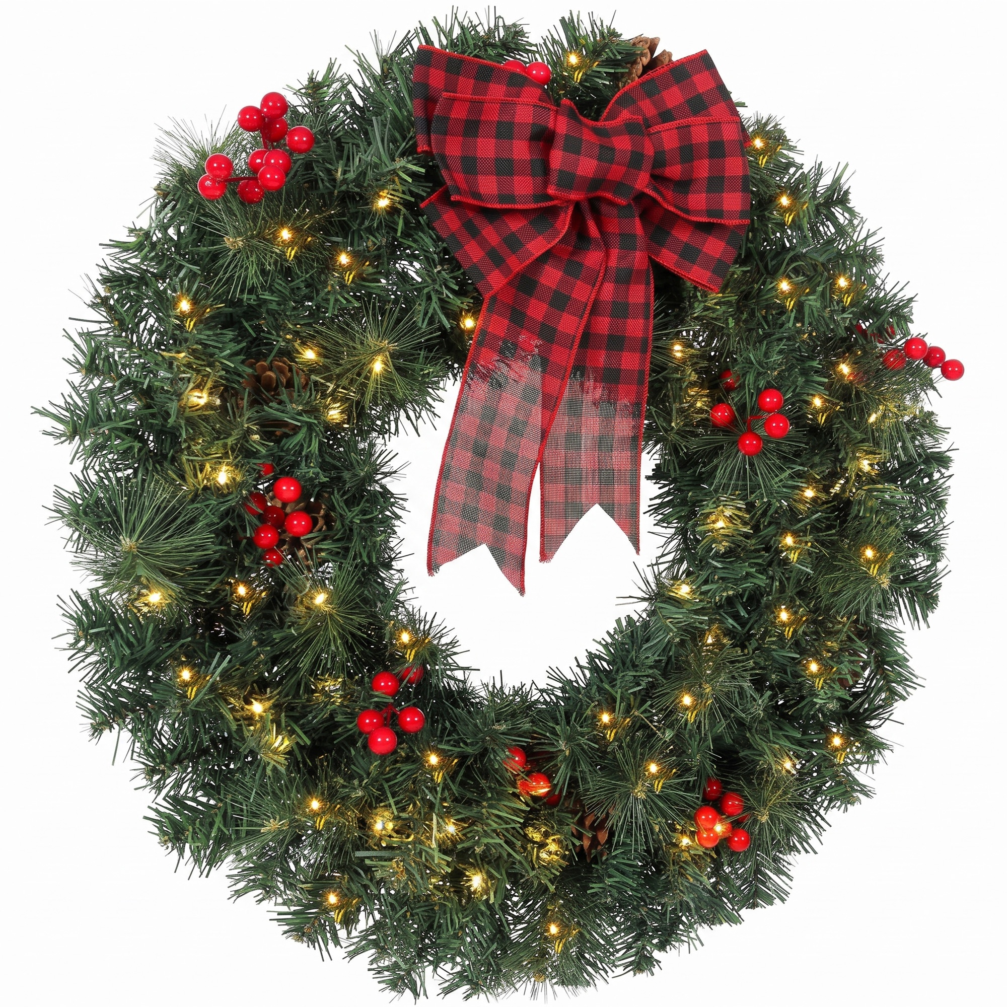 Crestwood-kuusia muistuttava joulukranssi oveen, rusetti, 50 LED-valoa ja 140 oksankärkeä, 60 cm, 8 valotilaa