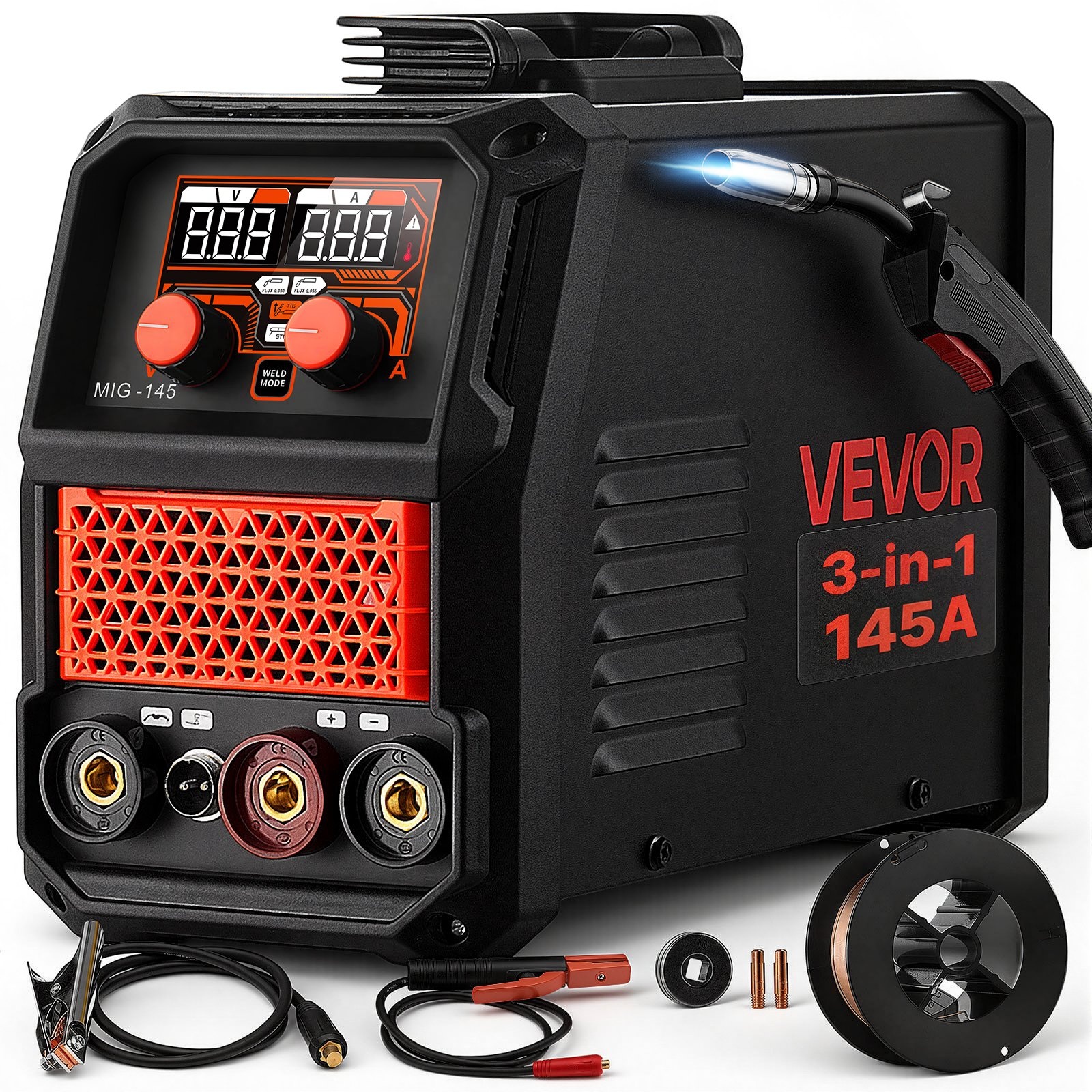 MIG-hitsauslaite 3 toiminnolla, 145 A, 220 V, Lift TIG, kaasuton täytelanka- ja puikkohitsaus, synerginen ohjaus ja IGBT-invertteri, kannettava metallitöihin, kotikorjauksiin ja tee-se-itse-töihin