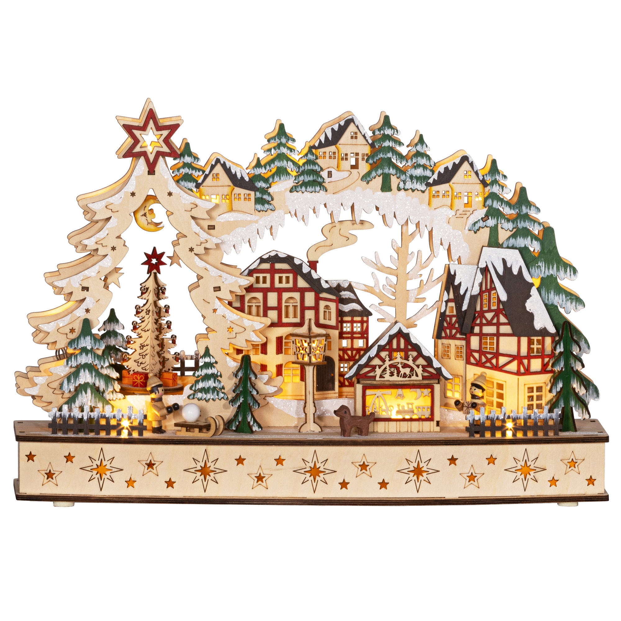 Talvinen joulukylä, 20 LED-valoa, monikerroksinen luonnonvärinen puu, 45 × 12 × 30 cm