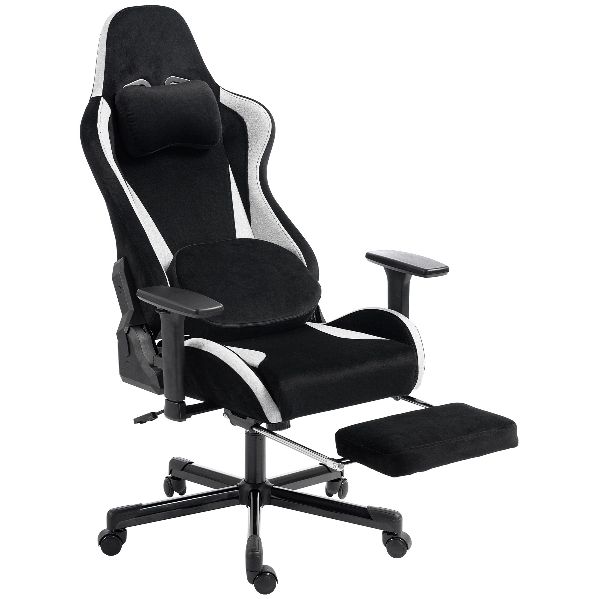 Ergonominen pelituoli hierovalla ja lämmittävällä ristiselkätyynyllä, pellavakankaan jäljitelmä, 3D-käsinojat ja niskatuki, musta