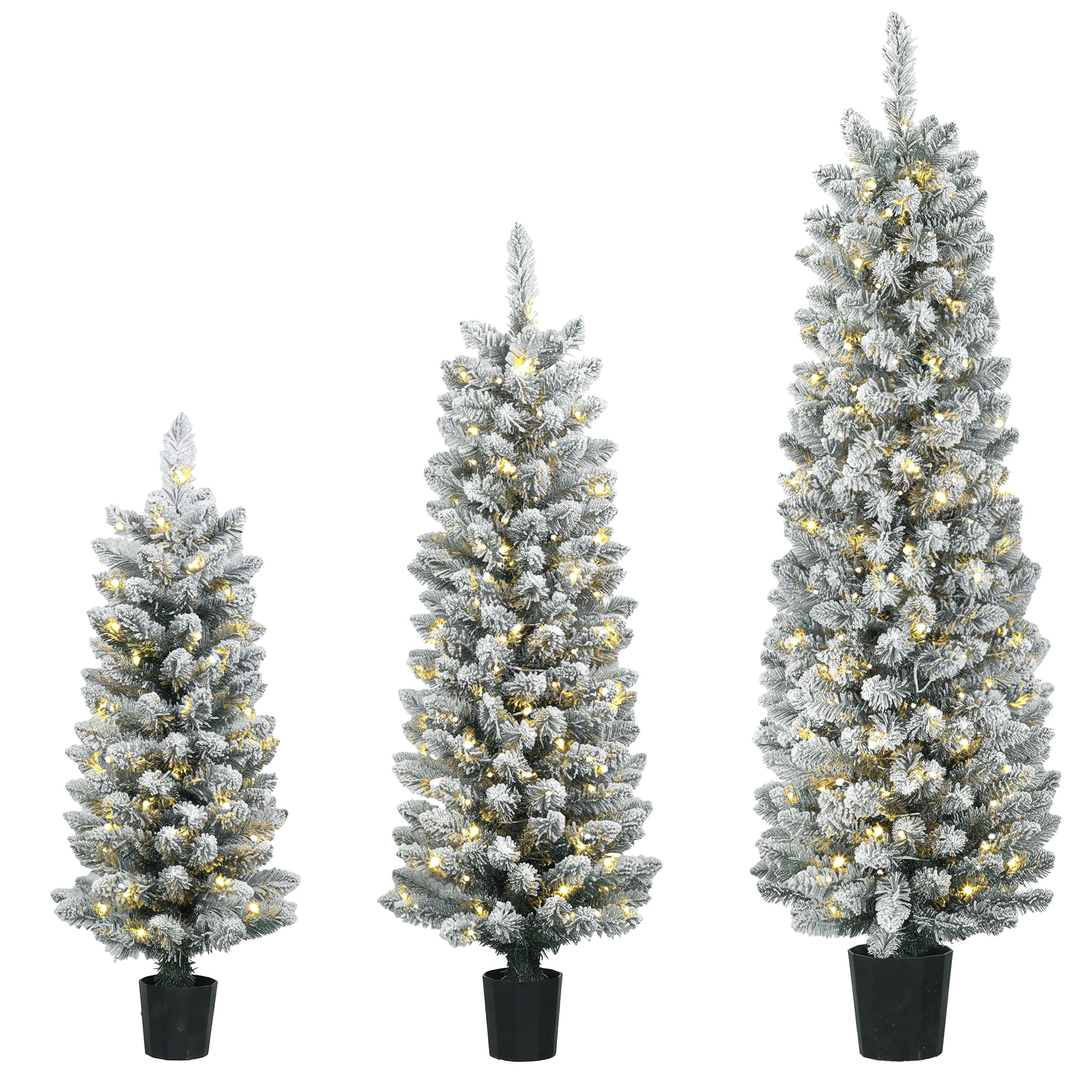 Kapeat LED-tekojoulukuuset tekolumella, 3 kpl, PVC-oksat, 90/120/150 cm
