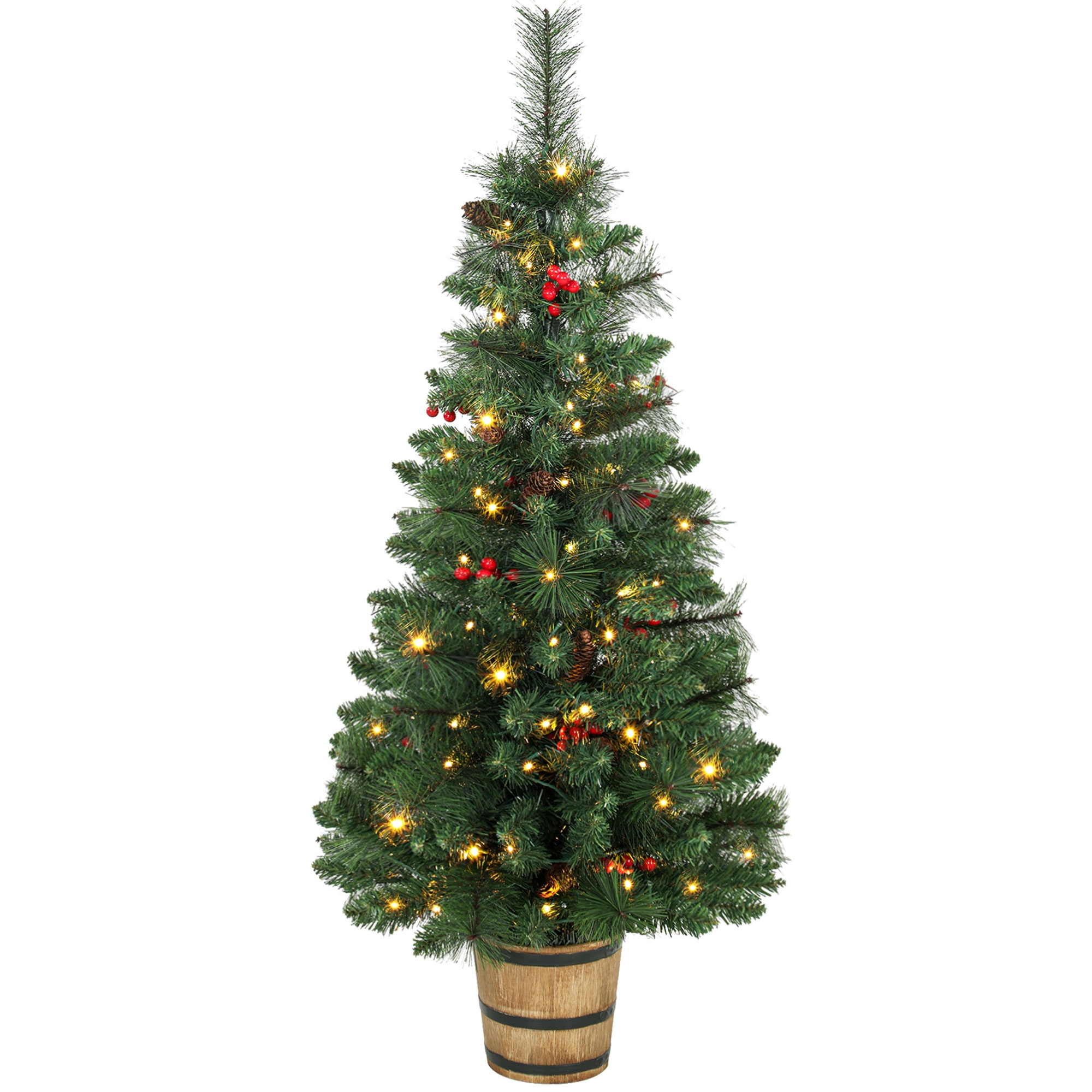 Tekojoulukuusi marjoilla, 120 cm, 100 LED-valoa ja 131 oksankärkeä, 2 valon väriä ja kaukosäädin