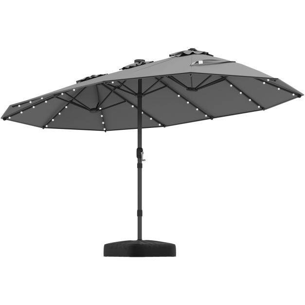 445 cm erittäin suuri terassivarjo LED-aurinkokennovalloilla ja kammella - harmaa