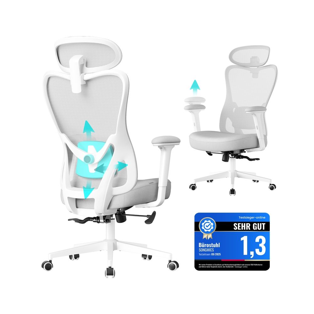 Ergonominen työtuoli säädettävällä tuella, vaaleanharmaa