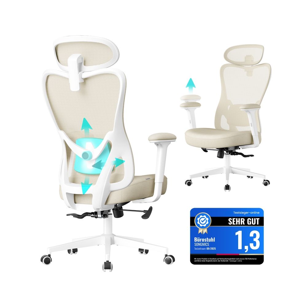 Ergonominen työtuoli säädettävällä tuella, beige/valkoinen