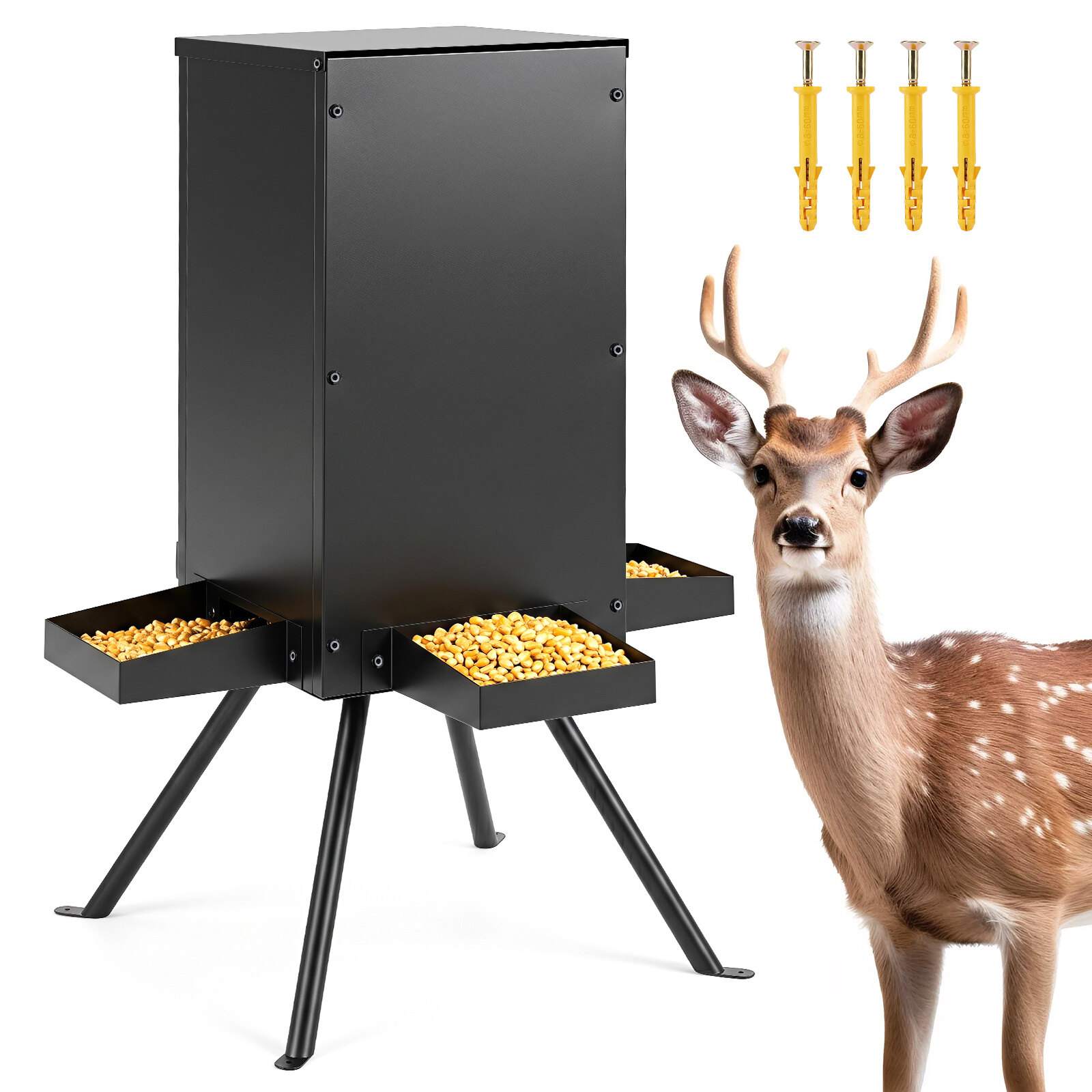 40,82 kg Gravity Deer -ruokintahäkki, jossa 4 ruokinta-alustaa ja 4-jalkainen jalusta - musta