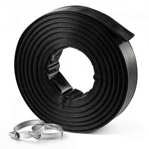 Tukeva litteä PVC-poistoletku kiristimillä, 1 1/2 tuumaa × 30,48 m, sään- ja puhkeamisenkestävä, altaan hiekkasuodattimelle, tyhjennyspumpulle ja veden siirtoon, musta