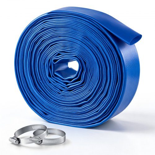 Tukeva litteä PVC-poistoletku kiristimillä, 1 1/2 tuumaa × 15,2 m, sään- ja puhkeamisenkestävä, altaan hiekkasuodattimelle, tyhjennyspumpulle ja veden siirtoon, sininen