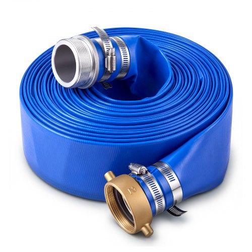 Litteä PVC-poistoletku haarukkaliittimillä, 2 tuumaa × 15,2 m, sään- ja puhkeamisenkestävä, altaan hiekkasuodattimelle, tyhjennyspumpulle ja veden siirtoon, sininen