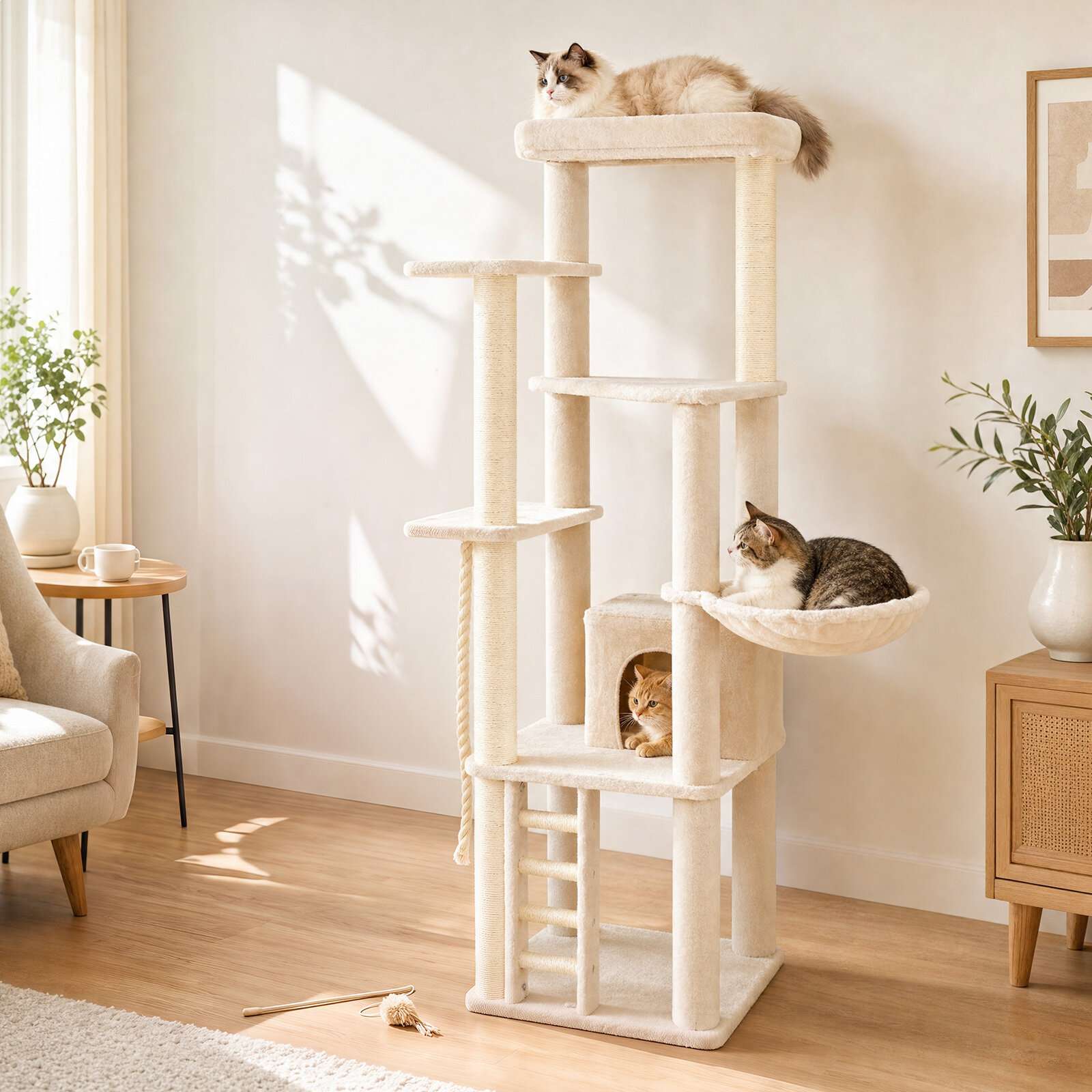 194 cm korkea moderni kissanraapimispuu sisäkissoille, jossa on yläorsi ja sisalista valmistetut raapimapuut - beige