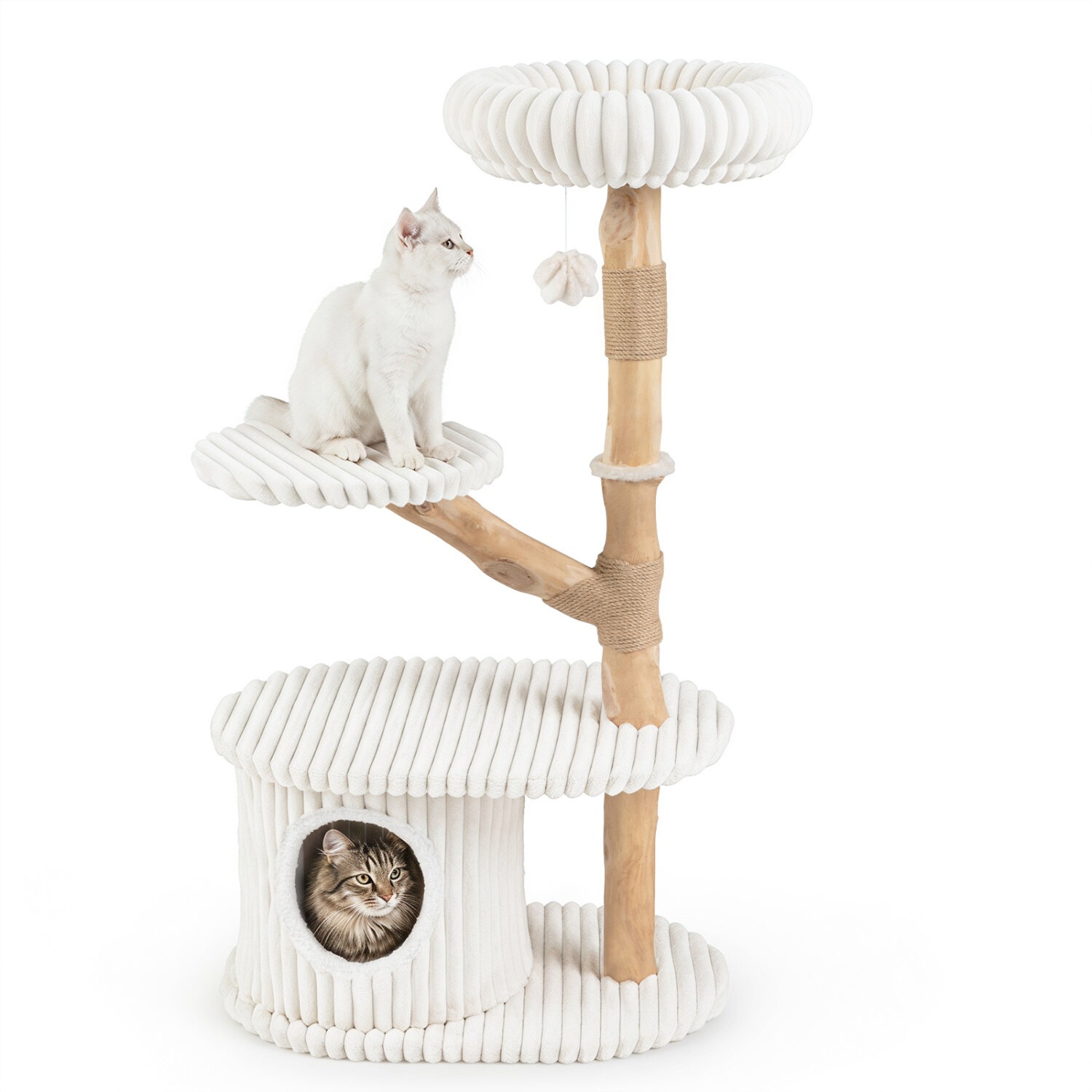 113 cm korkea moderni kissatorni aidoilla puuoksilla, raapimapuut sisätiloihin - beige