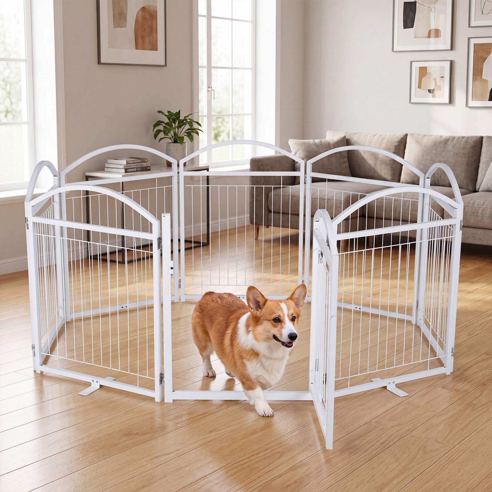 Kokoontaitettava metallinen koiraportti 480x81cm ovella 8 paneelilla - valkoinen