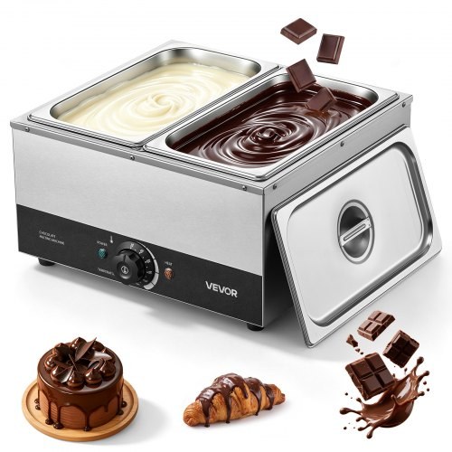 Chocolate Melting Machine, 2 Tanks 8.2 kg Choc Commercial Melter, 1200W High Power, Water Bath Heating System, Stainless Steel Body, 30℃ to 85℃ Temp Range, Chocolate Warmer for Cheese Milk