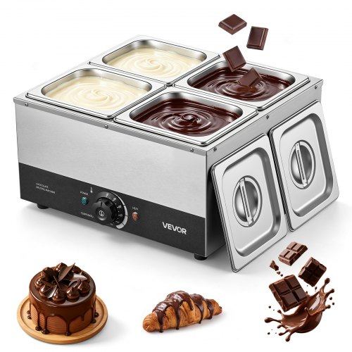 Chocolate Melting Machine, 4 Tanks 8.2 kg Choc Commercial Melter, 1200W High Power, Water Bath Heating System, Stainless Steel Body, 30℃ to 85℃ Temp Range, Chocolate Warmer for Cheese Milk