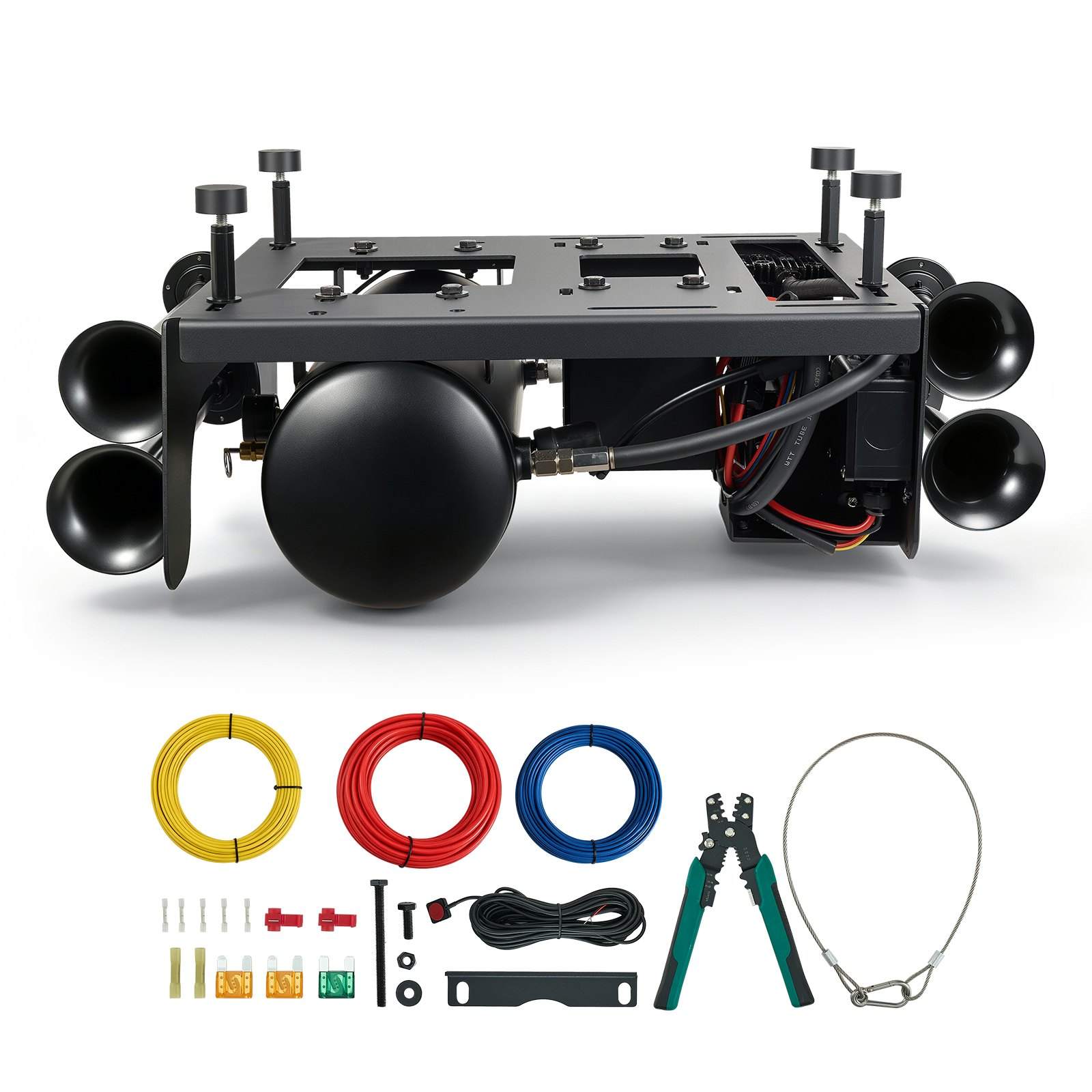 4-Trumpet Air Horn Kit with 150PSI 10L Air Compressor Tank, 150dB Super Loud Train Air Horn, Strong Penetration, Pressure Gauge, Leak-Proof, Heavy-Duty, Fits 12V Truck SUV Off-Road Vehicles