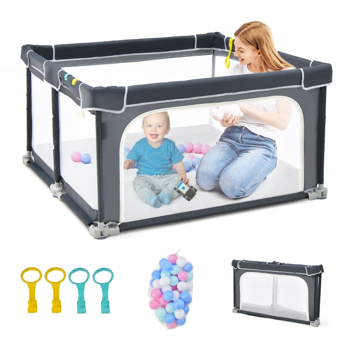 124 cm x 124 cm kokoontaitettava lasten leikkikehä lukituslaitteilla - tummanharmaa
