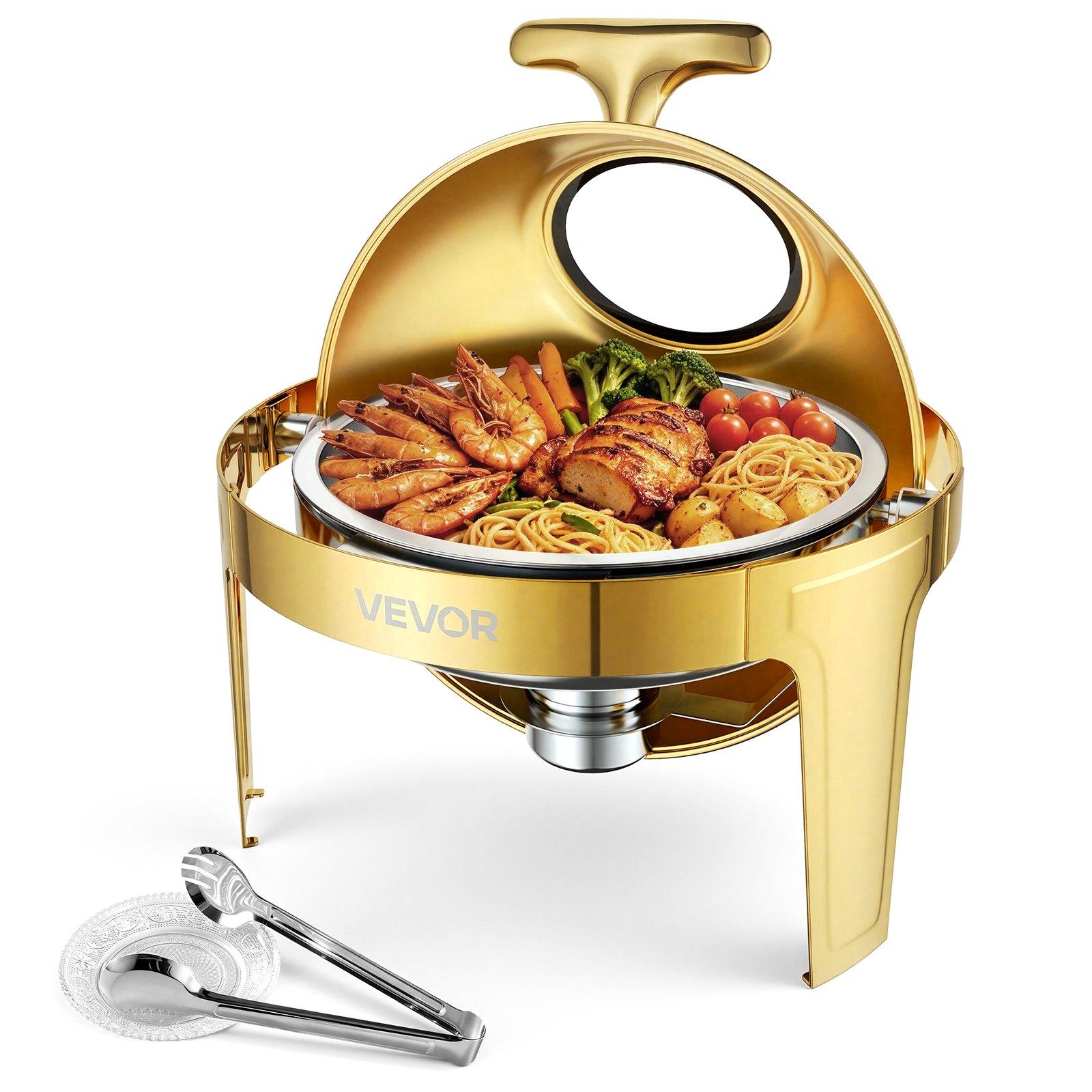 Pyöreä ruostumaton teräksinen buffet-lämpöastia, 1 setti, 6 QT / 5,7 l, rullakansi, 1 kattila, lasikansi, pihdit ja lasialusta, juhliin, häihin ja catering-käyttöön