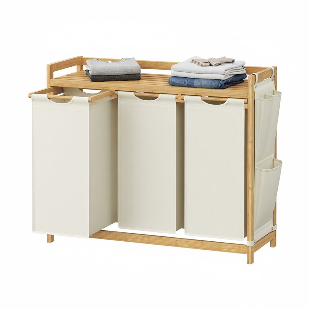 Pyykkikori, jossa 3 osaa, bambu, 150 l pyykkikori, pyykinlajittelu, hyllyllä, pyykkipussi, pienet sivutaskut, pyykkiteline, 3 x 50 l, 94 x 33 x 78 cm, kermanvalkoinen