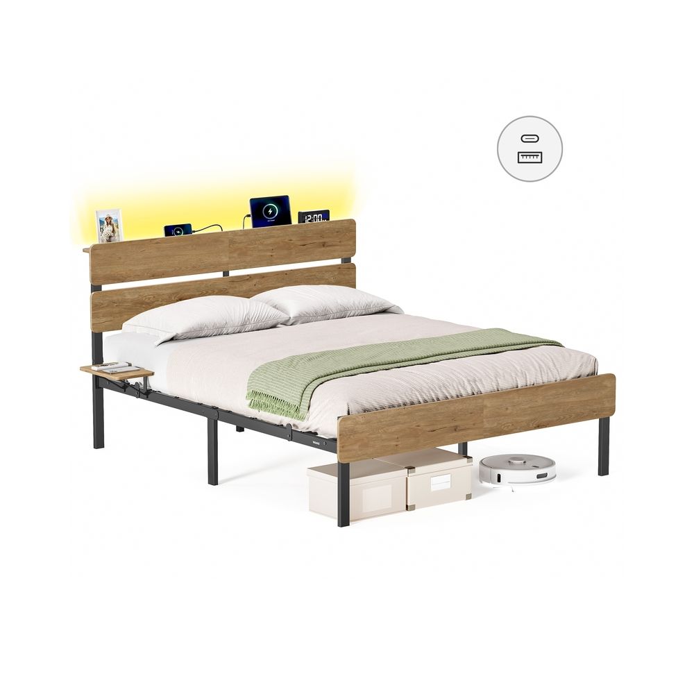 Parisängynrunko 140 x 200 cm, metallirunko, LED-valaistus, USB-A- ja USB-C-pistokkeet, sängynalussäilytystilaa, teollinen tyyli, luonnonruskea
