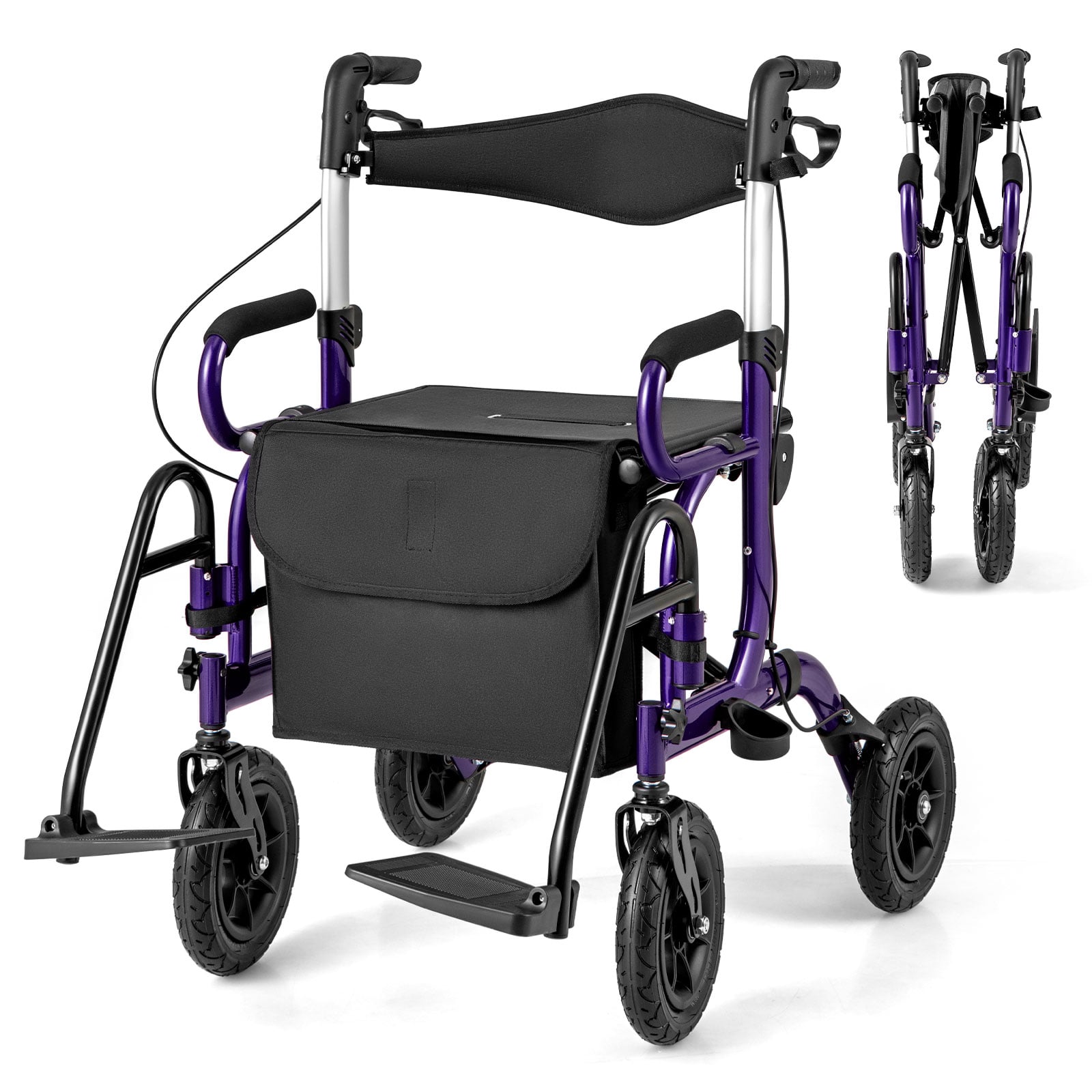 2-in-1 kokoontaitettava rollaattori istuimella ja ilmarenkailla maastoon - violetti