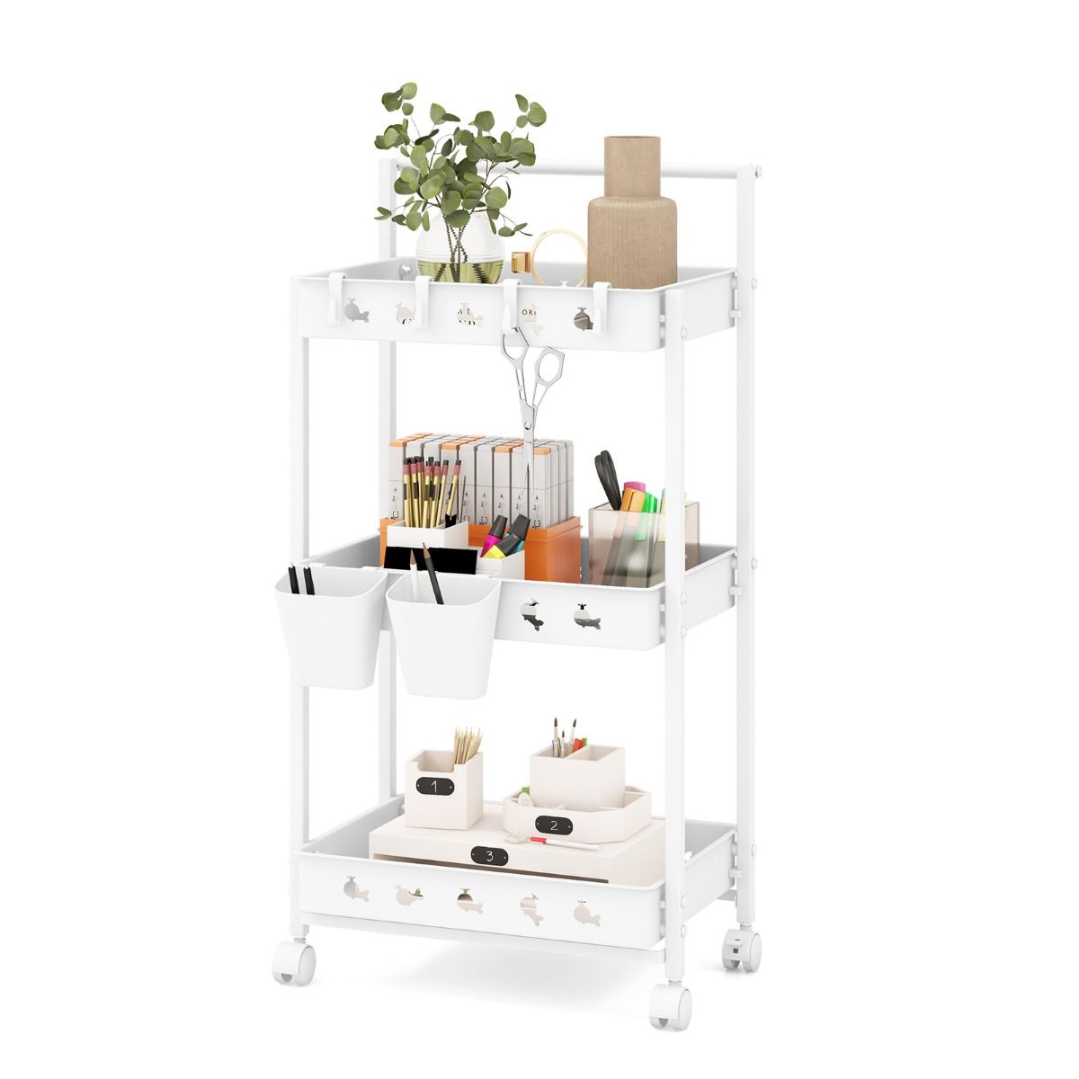 Kolmekorruseline kahe riputatava topsiga ratastel abikäru ja mobiilne köögiriiul (42x29x83 cm) valge