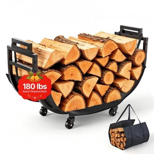 Tukeva metallinen polttopuuteline, 805 mm, kantavuus 80 kg, 4 lukittavaa kääntyvää pyörää, sisälle, takan viereen ja terassille, musta