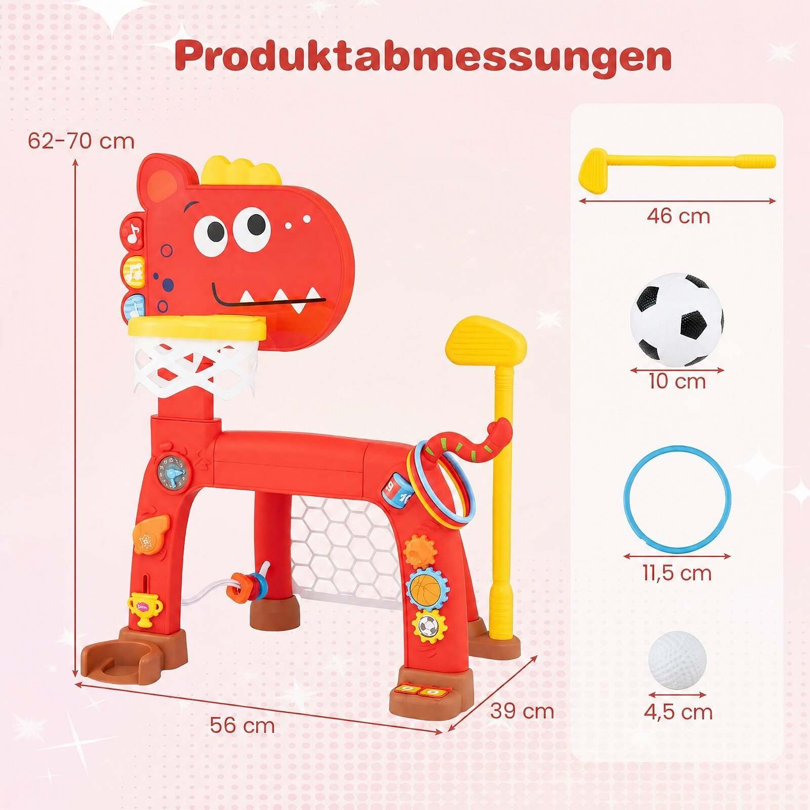 Dinosaurus taaperoiden koripallokori ja jalkapallo aktiviteettikeskus - punainen