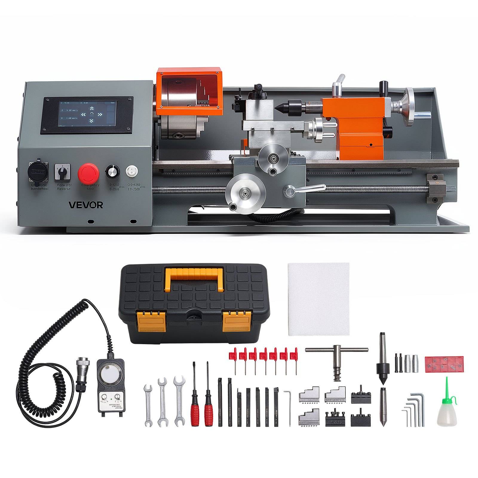 Pöytämallinen CNC-metallisorvi kosketusnäytöllä automaattiseen sorvaukseen, 220 × 400 mm, 1100 W, pikavaihdettava työkalupidin, elektroninen johtoruuvi ja säädettävä nopeus enintään 2500 r/min