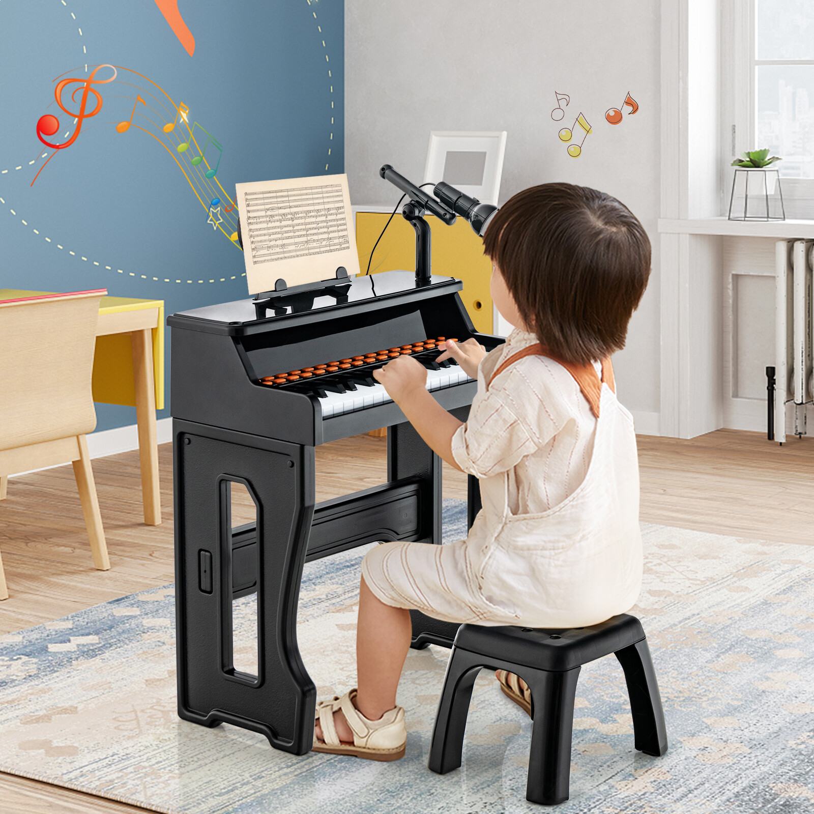 37 näppäintä musiikkipiano mikrofonilla lasten pianokoskettimisto irrotettavalla nuottitelineellä - musta