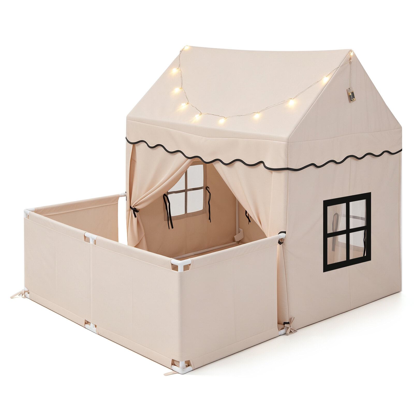 Lasten leikkiteltta, jossa on takapihan leikkimökki ja pehmustettu matto, beige + harmaa