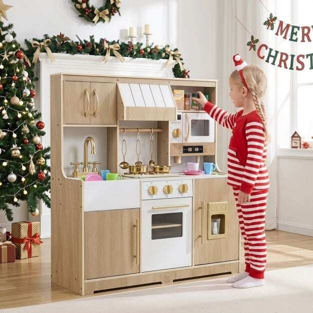 Puinen leikkikeittiö valoilla ja äänillä, jääpalakone, liesi ja pesuallas taaperoille, luonnonvärinen