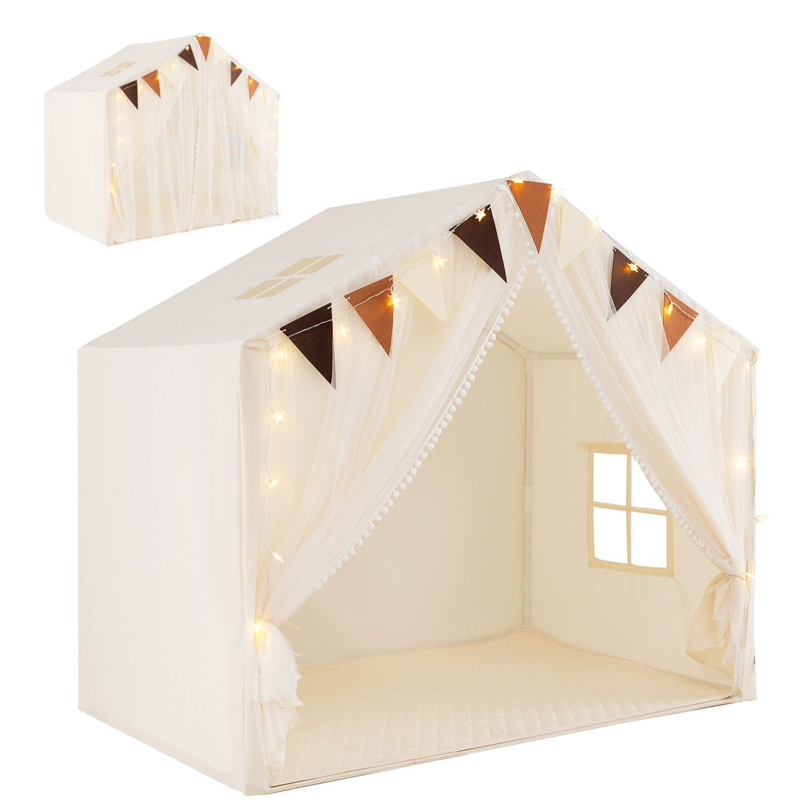 Suuri taaperoiden leikkimökki-teltta oven verhoilla - ikkunat - beige