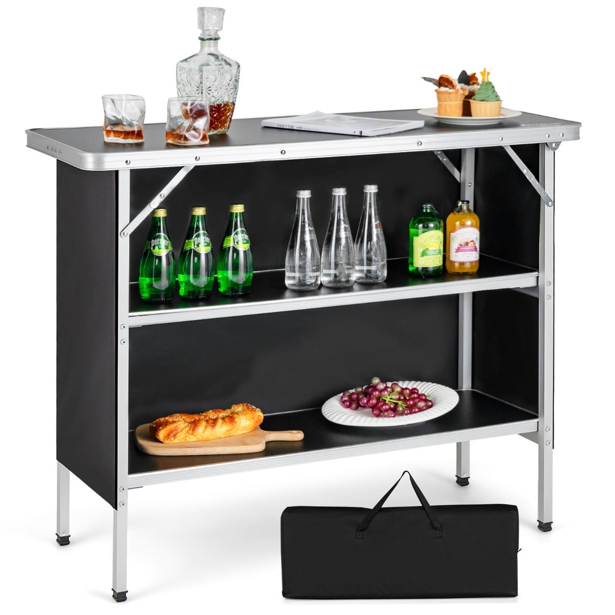 Kokoontaitettava retkipöytä kahdella avohyllyllä ulkogrilliin - musta