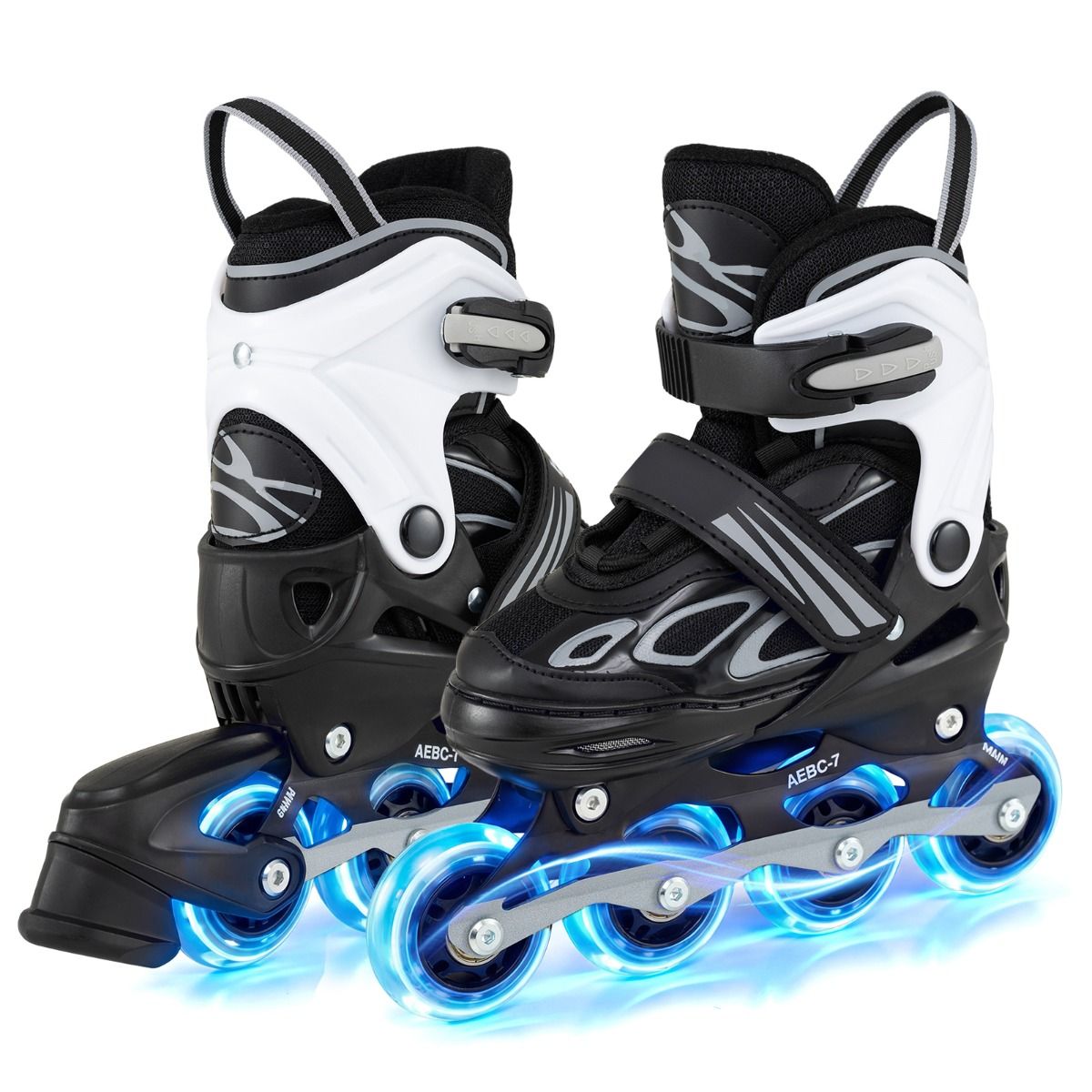 Neljale suurusele reguleeritavad helendavate LED-ratastega laste rulluisud (Inline Skates), suurus M (EU 32–36), must ja valge