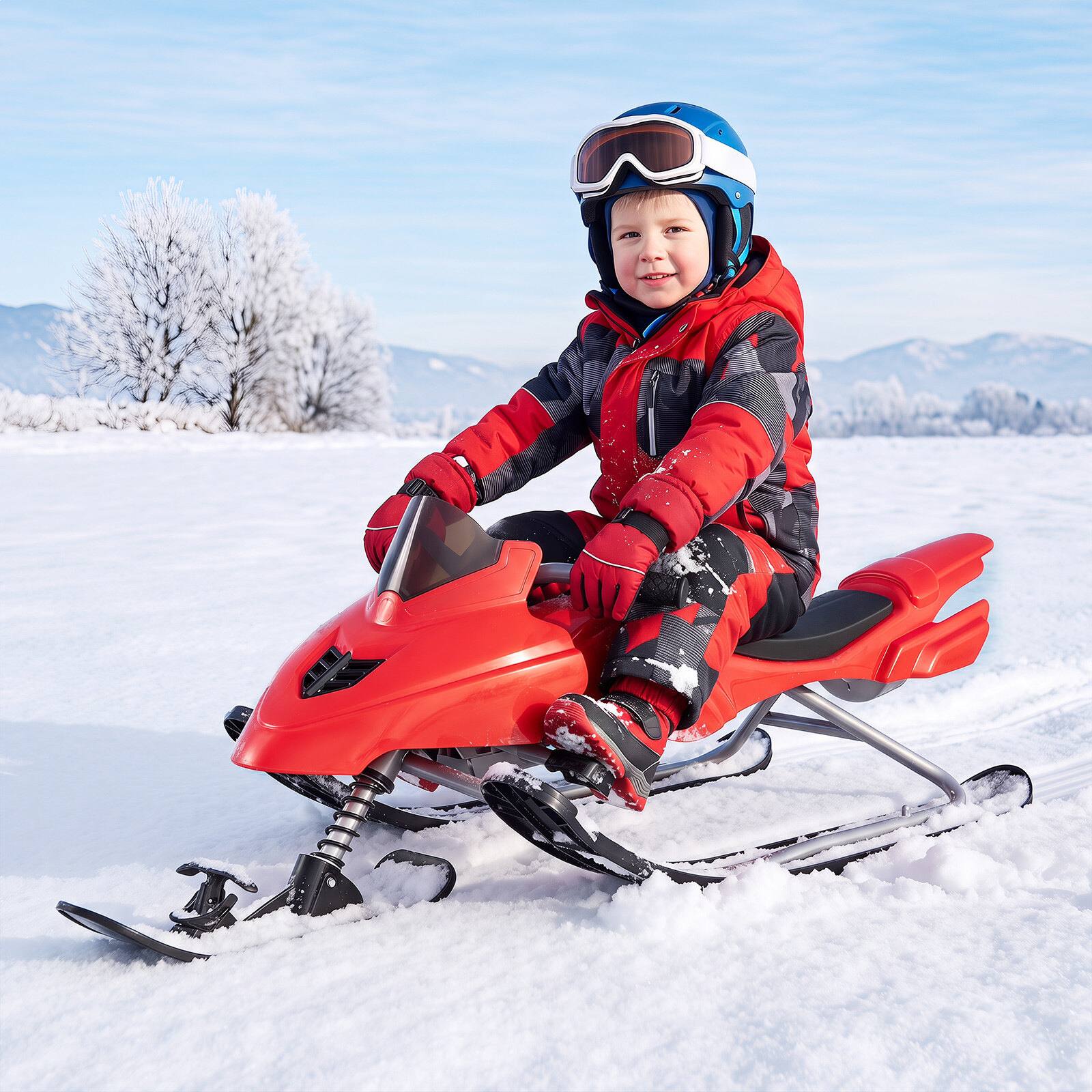 Lasten Snow Racer -kelkka jarruilla, hinausköysillä ja ohjauskahvalla talvikäyttöön - punainen