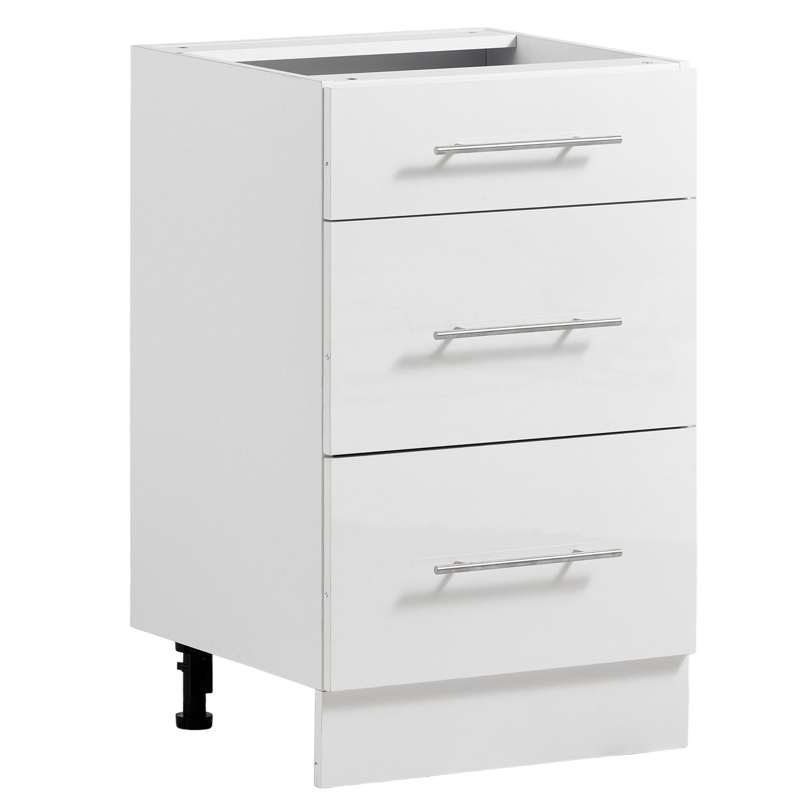 Kokoamisvalmis Shaker-tyylinen alakaappi, valkoinen, leveys 50 cm, 500 × 475 × 815 mm (L × S × K), 3 laatikkoa, pehmeästi sulkeutuvat helat ja siisti reunanauha, kotiin, toimistoon ja pesutilaan