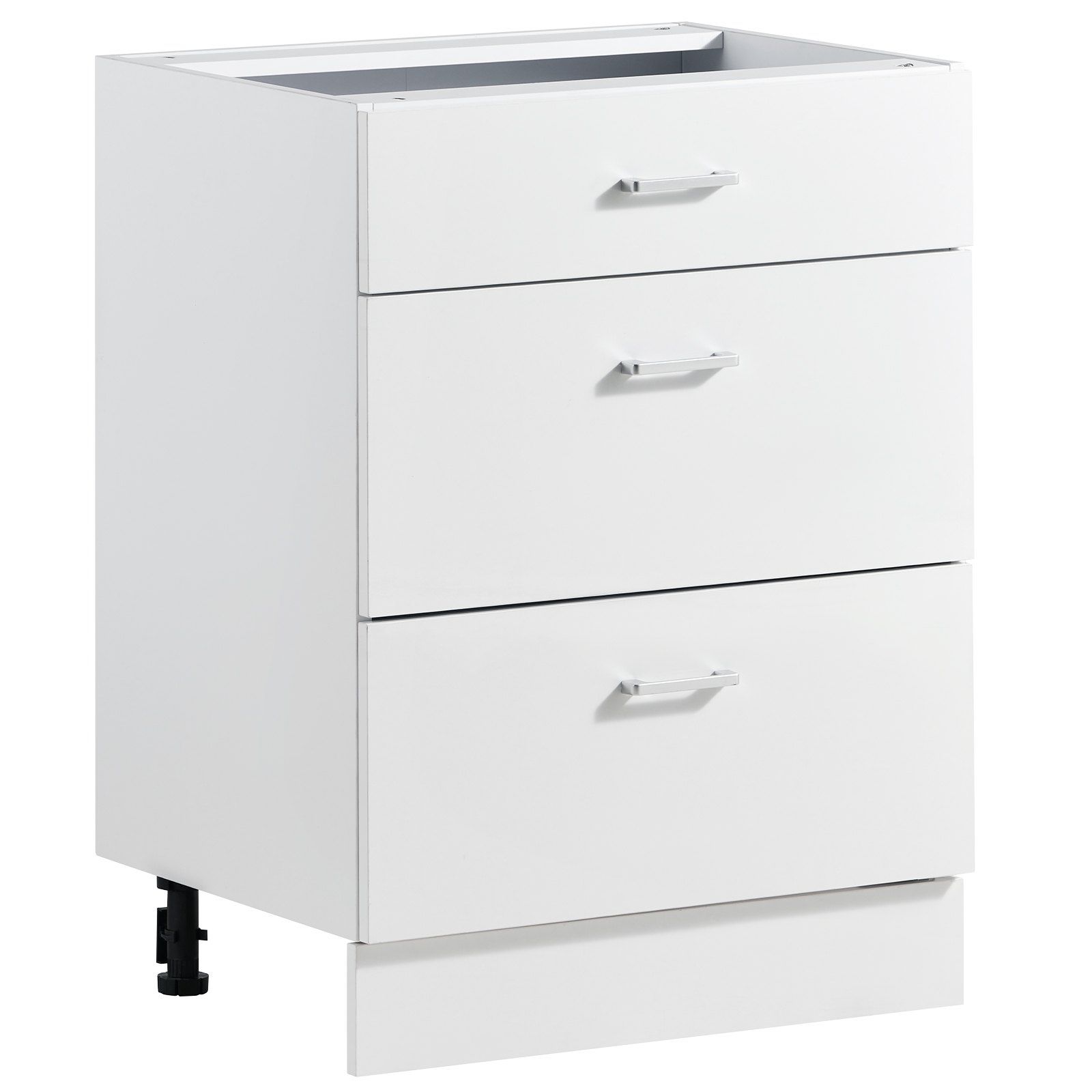Kokoamisvalmis Shaker-tyylinen alakaappi, valkoinen, leveys 60 cm, 600 × 475 × 815 mm (L × S × K), 3 laatikkoa ja sujuvat laatikkokiskot, kotiin, toimistoon ja pesutilaan