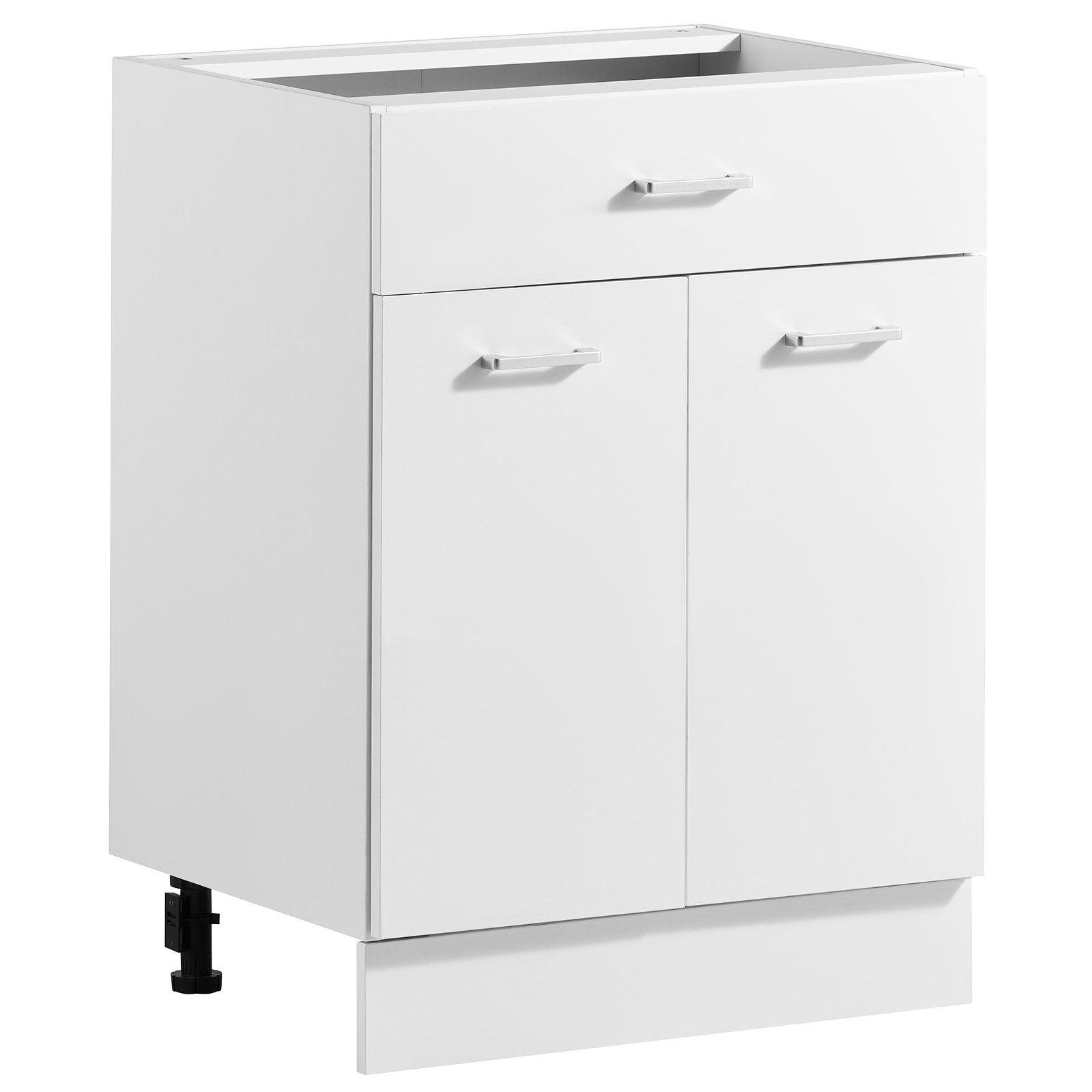 Kokoamisvalmis Shaker-tyylinen alakaappi, valkoinen, leveys 60 cm, 600 × 475 × 815 mm (L × S × K), 2 ovea, 1 laatikko, säädettävä hylly ja pehmeästi sulkeutuvat helat, kotiin, toimistoon ja pesutilaan